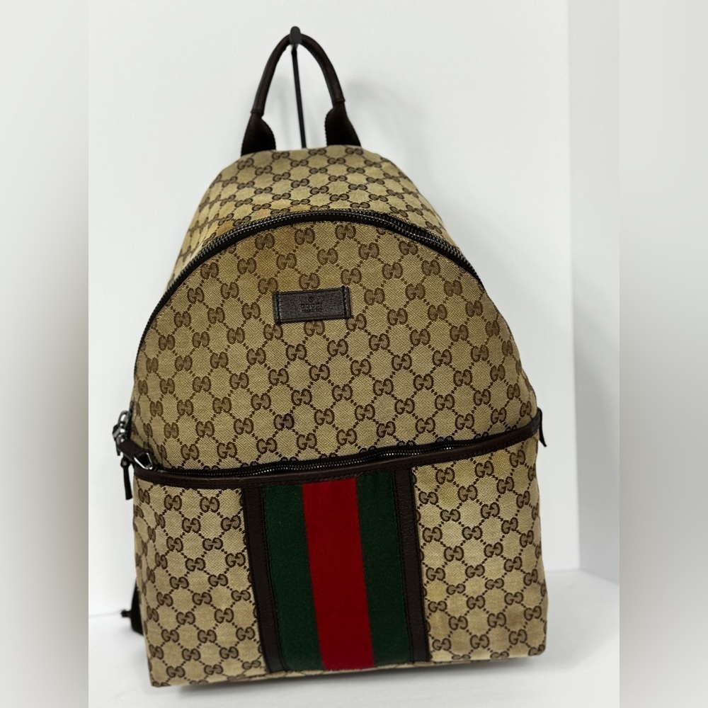 Gucci GG Supreme Cambas Web Monogram Beige and Green Backpack